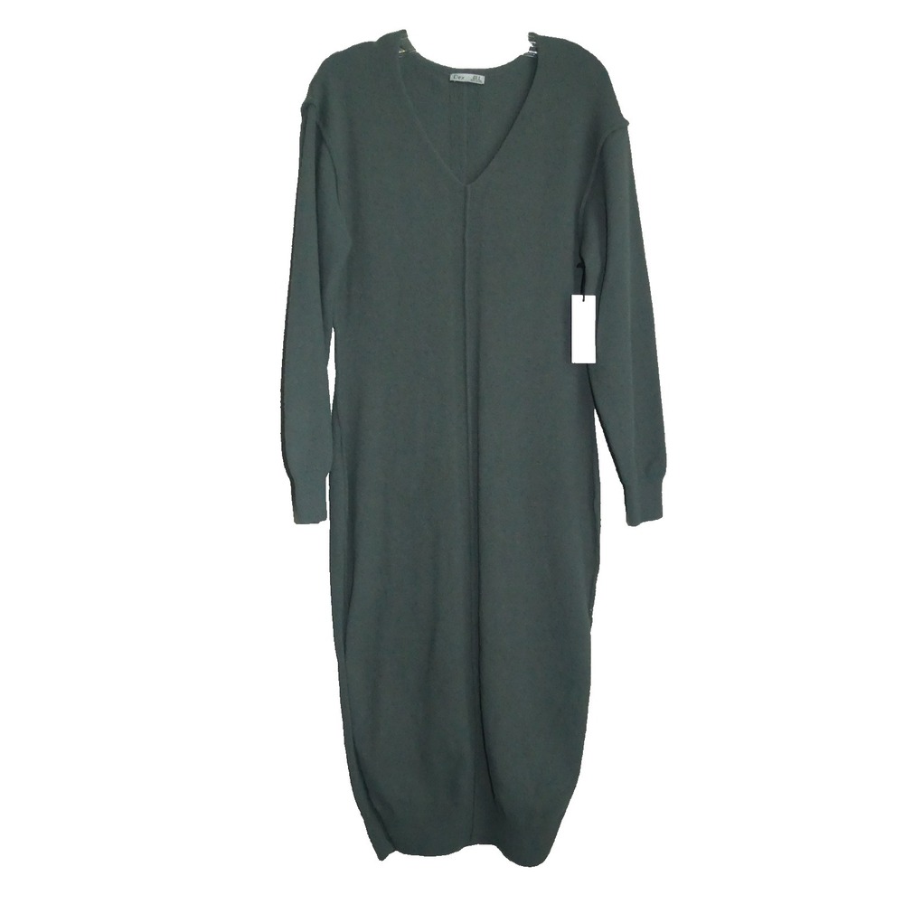 Dex Womens V-Neck Sweater Dress Moonlight Grey Long Sleeve Side Slit Midi M